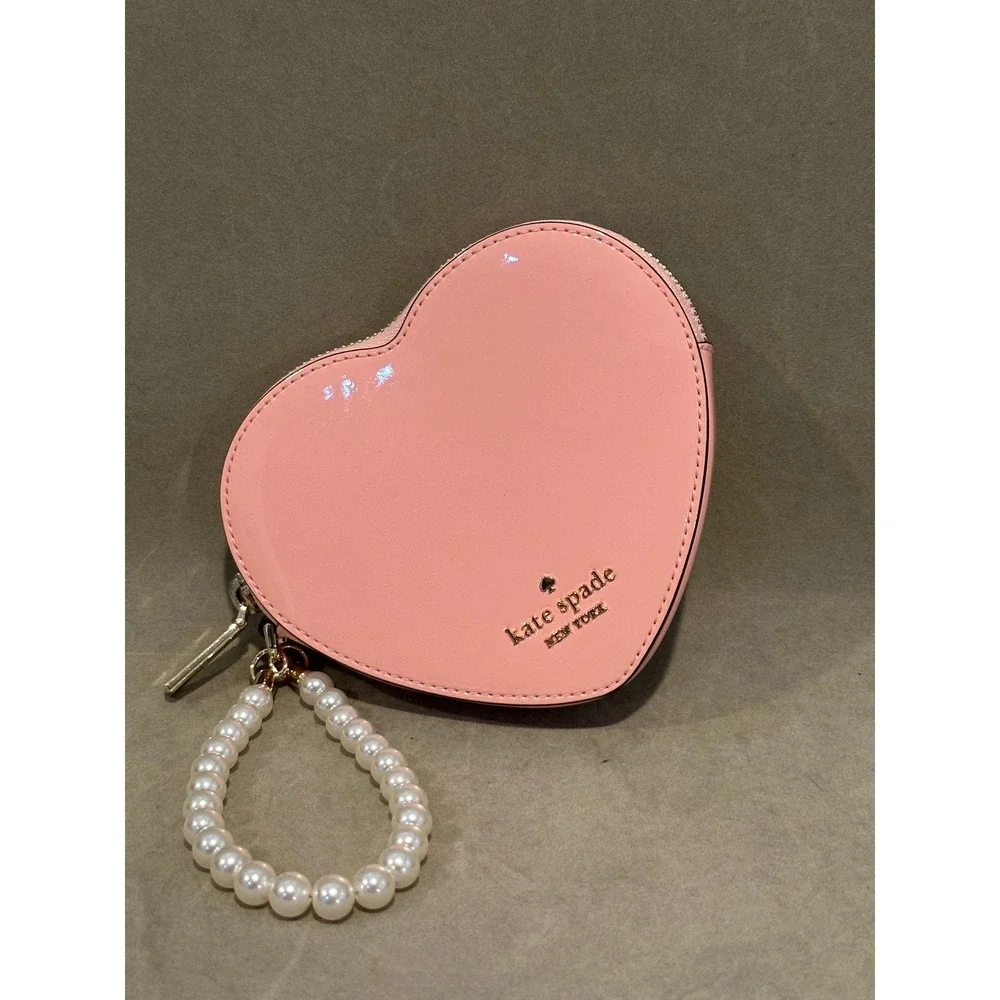 Kate Spade Pink Heart Coin Purse Pearl Wristlet Patent Leather Small Pouch‎